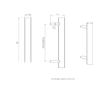 2x Straight T Bar Pull Handle 600 x 30mm 450mm Fixing Centres Satin Steel