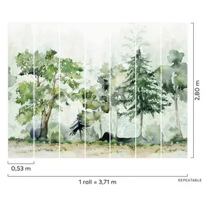 Grandeco Bastogne Watercolour Trees 7 Lane Textured Mural,  2.8 x 3.71m, Green