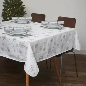 Celebright Festive Christmas PVC Tablecloth Set of 2 - Gold Joyful Holiday Expressions & Silver Blizzard Design - 52x70in