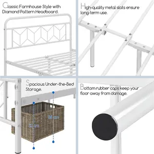 Yaheetech White 4ft6 Double Metal Bed Frame with Diamond Pattern Headboard and Footboard