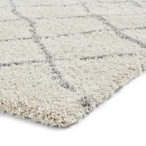 Cream Grey Shaggy Rug, 45mm Thickness Stain-Resistant Geometric Rug, Modern Moroccan Rug for Dining Room-120cm X 170cm