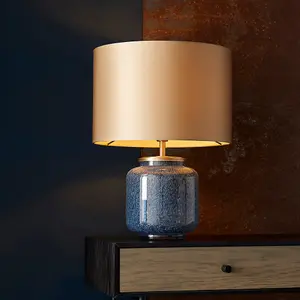 2 PACK Cobalt Glass Base Table Lamp Light & Gold Fabric Shade - Antique Brass