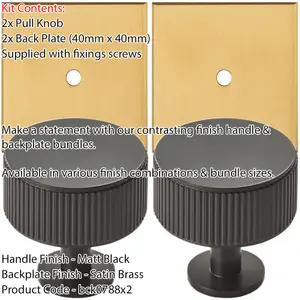 2 PACK - Cabinet Door Knob & Contrasting Backplate Set - Reeded Kitchen Pull - Matt Black & Satin Brass