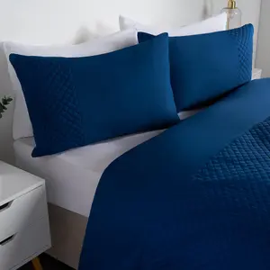 Filled Pinsonic Grid Panel Duvet Cover Bedding Set, Navy - Superking