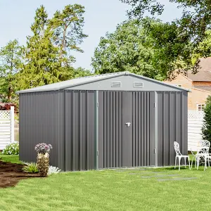 10x8ft Metal Shed Garden Storage Shed Apex Roof Double Lockable Door,Grey