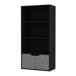 URBNLIVING 4 Tier Black Wooden Bookcase Cupboard With Grey Geo Doors Storage Shelving Display Cabinet