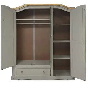 Corona Grey Wax 3 Door 1 Drawer Arch Top Wardrobe Solid Pine with Mexican Styling