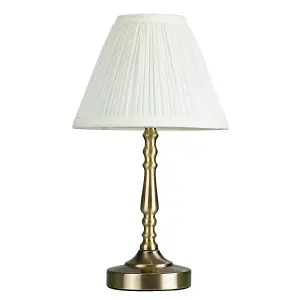 ValueLights Sienna Vintage Antique Brass Touch Table Lamp with Pleated Cream Shade