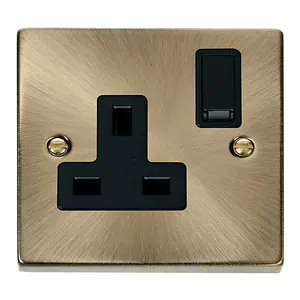 Antique Brass 1 Gang 13A DP Switched Plug Socket - Black Trim - SE Home