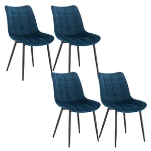 Set Of 4 Dining Room Chairs Kitchen Chair Cushioned Chair Design Chair With Backrests With Fabric Seat And Metal Frame Blue