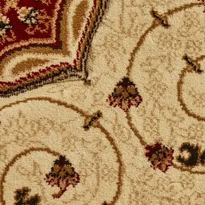 Cream Red Traditional Easy to Clean Bordered Floral Rug For Dining Room-150cm (Circle)