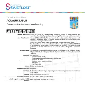 AQUALUX LASUR Waterbased Wood Coating, for Both Exterior and Interior Use