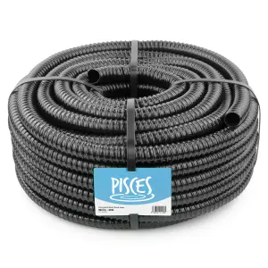 Pisces 30m Corrugated Black Pond Hose Flexible Anti Kink Flexi PVC Pipe Ribbed Tubing for Pump Filter Sump Water Butt - 1.25" 32mm