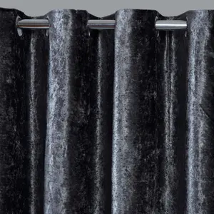 Sienna Crushed Velvet Eyelet Ring Top Pair of Fully Lined Curtains - Charcoal 46" x 72"