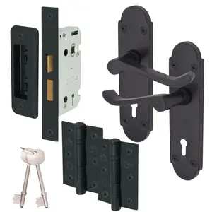 AFIT Matt Black Door Handle Key Lock Set - Victorian Scroll Shaped - 1 Pair of Internal Door Handles, Hinges 76mm, Sash Lock 64mm