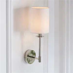 Polished Nickel Dimmable Wall Light - Modern Vintage White Cylinder Shade - 6W LED E14