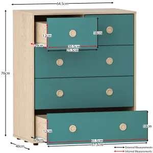 Junior Vida Neptune Blue & Oak 5 Drawer Chest Of Drawers Cabinet, Set of 2