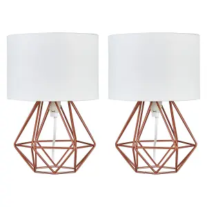 ValueLights Angus Pair of Angus Small Copper Metal Basket Cage Table Lamps with White Fabric Shades