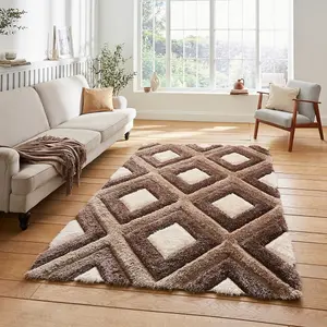 Beige Brown Modern Shaggy Geometric Rug For Dining Room-80cm X 150cm