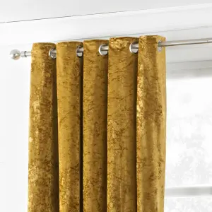 Paoletti Ochre Yellow Verona Crushed Velvet Eyelet Curtain Pair (W) 229cm x (L) 137cm