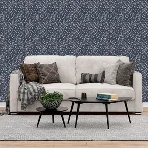 Trailing Leaves Navy Silver Wallpaper Blown Vinyl Metallic Paste The Wall Modern