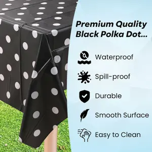 Neel Blue 54"x108" Plastic Tablecloth with Polka Dot Disposable Table Cover - Black