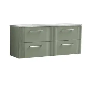 Retro 4 Drawer Wall Hung Vanity Unit with Bellato Grey Laminate Worktop - 1200mm - Satin Green - Balterley