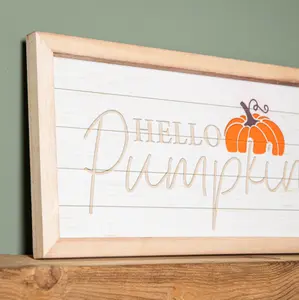 46cm Hanging Hello Pumpkin Wooden Autumnal Decorative Sign Wall Art