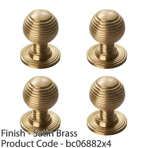 4 PACK - Reeded Ball Door Knob - 35mm Satin Brass Lined Cupboard Pull Handle & Rose