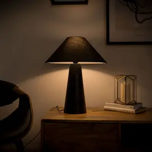 ValueLights Galvani Matt Black Cone Shaped Bedside Table Desk Lamp with Fabric Light Shade