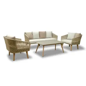 Contemporary Style Four Seater Rattan Garden Furniture Set Acacia Wood  Outdoor Garden Sofa Set with Coffee Table