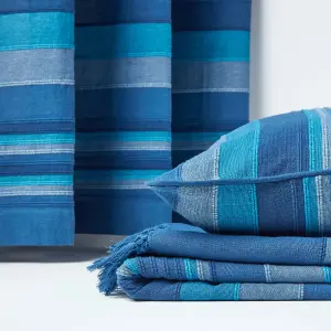 Homescapes Cotton Morocco Striped Blue Throw, 150 x 200 cm