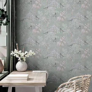 Japanese Oriental Garden Inspired Wallpaper Sage Green World of Wallpaper 946102