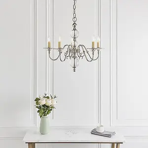 Luminosa Tilburg 5 Light Multi Arm Ceiling Pendant Chandelier Polished Nickel, Clear Crystal, E14