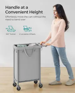 SONGMICS Laundry Trolley with Wheels, Single-Section Hamper, Easy Liner Removal, Dove Grey