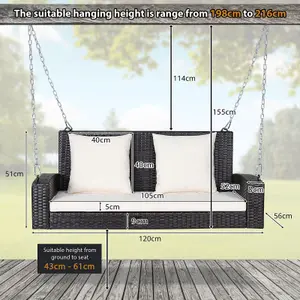 Costway 2-Seat Patio Rattan Porch Swing Loveseat Outdoor Hanging Swing Bench W/ Cushions