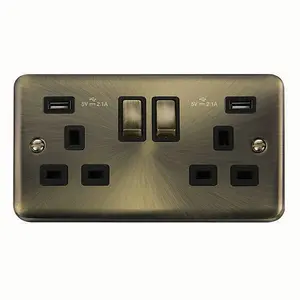 Curved Antique Brass 2 Gang 13A DP Ingot 2 USB Twin Double Switched Plug Socket - Black Trim - SE Home