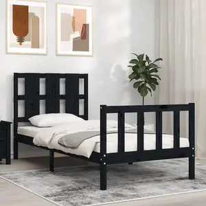 Berkfield Bed Frame with Headboard Black Small Single Solid Wood