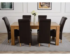 Dakota 182 x 92 cm Chunky Oak Large Dining Table and 6 Chairs Dining Set with Montana Brown Leather Chairs