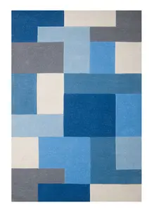 Handmade Luxurious Modern Geometric Easy to Clean Blue Wool Rug for Living Room & Bedroom-90cm X 150cm