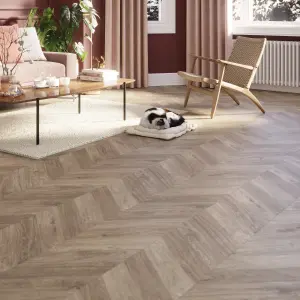 GoodHome Leyton Grey Herringbone Oak effect Laminate flooring Sample