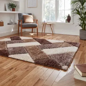 Beige Brown Shaggy Geometric Modern Rug for Living Room Bedroom and Dining Room-160cm X 220cm