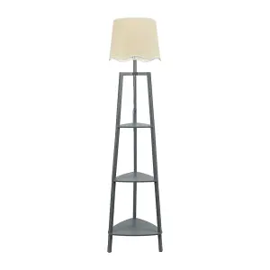 ValueLights Hiru Grey 3 Tier Shelved Wooden Floor Lamp with Linen Trim Scallop Taper Shade & Bulb