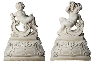 Very Large Pair of Cherub Statues with Fancy Columns