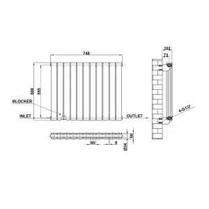 Horizontal Anthracite Double Flat Panel Radiator (H) 600 mm x (W) 748 mm, 3716 BTU.