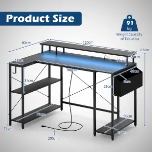 COSTWAY L-Shaped Gaming Desk with LED Lights 120 cm Computer Desk with Monitor Stand