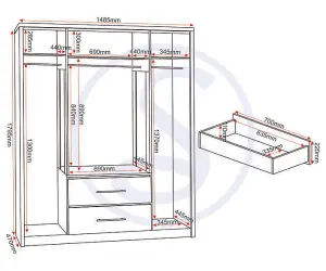 Nevada 4 Door 2 Drawer Mirrored Wardrobe in Black Wood Grain Effect Finish