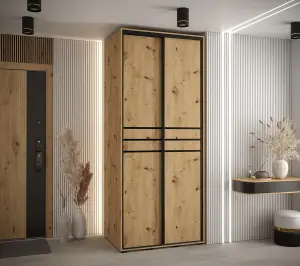 Rustic Oak Artisan Sliding Door Wardrobe H2050mm W1000mm D600mm - Space-Saving Design with Modern Touches