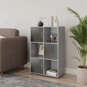 URBNLIVING 91cm Height 6 Cube Bookcase Grey Wood Black Door Metal Handle Display Storage Shelf