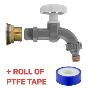 Water Butt Replacement Tap BRASS Metal Lever UK Bib Outlet Barb Quick Hosepipes Plastic Dial Tap (Grey) 3/4"